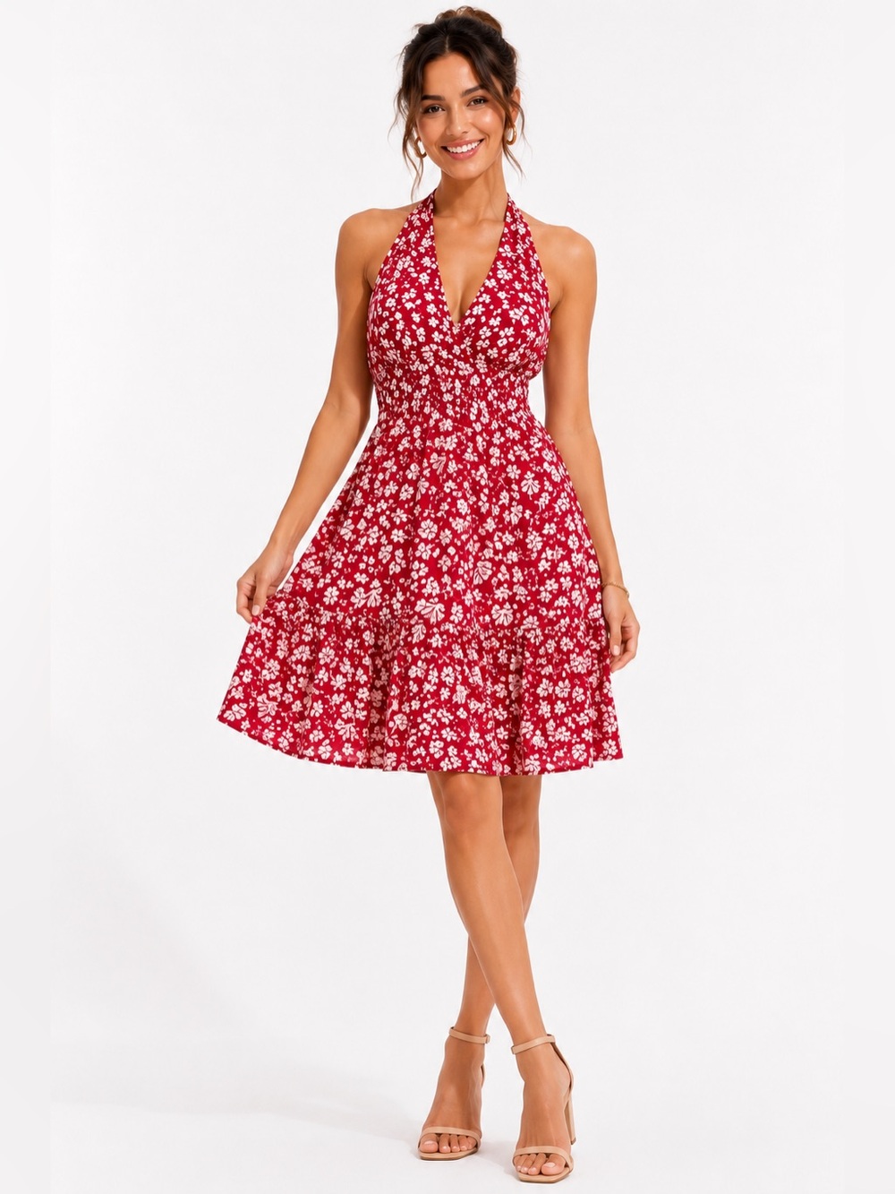Huhot Red Floral Halter Maxi Dress V Neck Backless Pockets Size L
